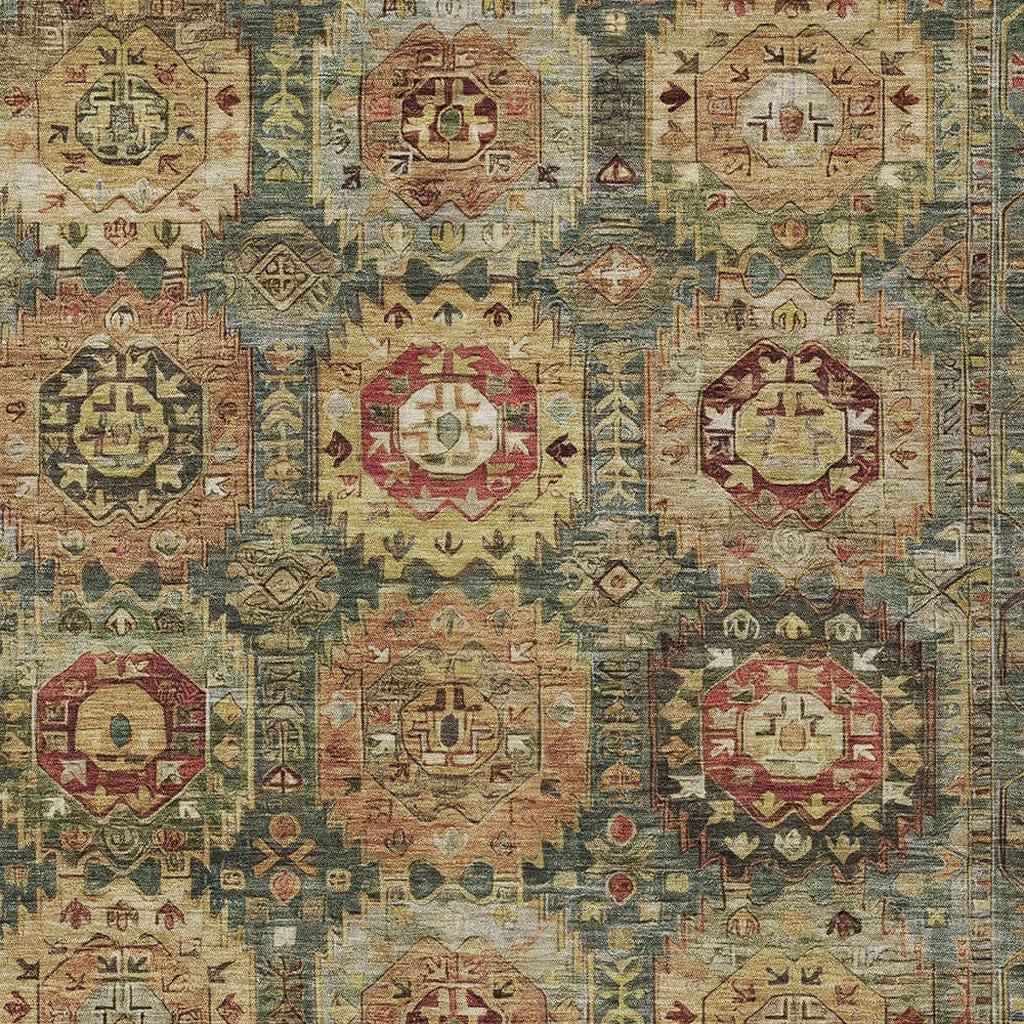 3' X 5' Artichoke Green Gold And Beige Medallion Washable Indoor Outdoor Area Rug