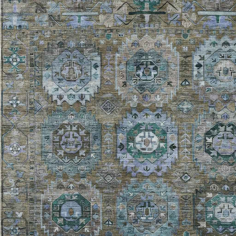 5' X 8' Brown Gray And Teal Blue Medallion Washable Indoor Outdoor Area Rug