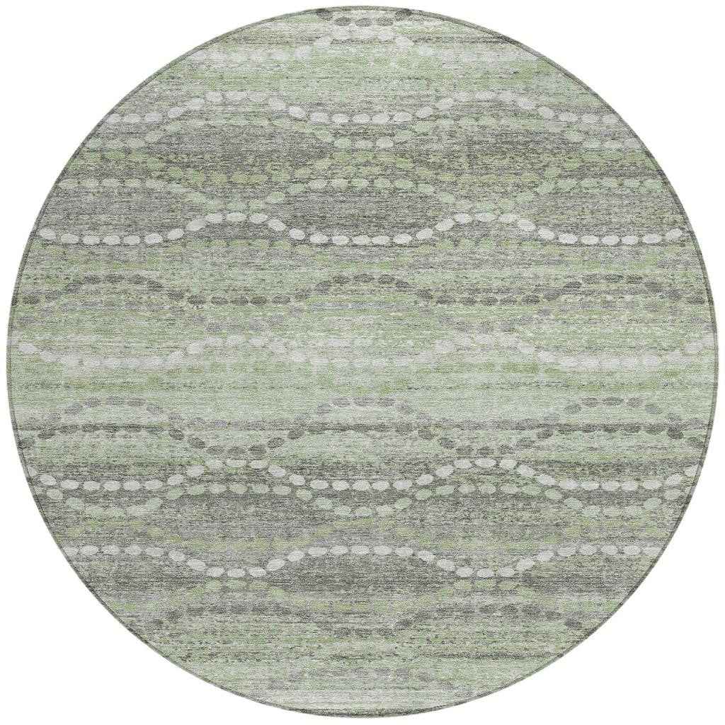 8' Green And Ivory Round Ogee Washable Indoor Outdoor Area Rug