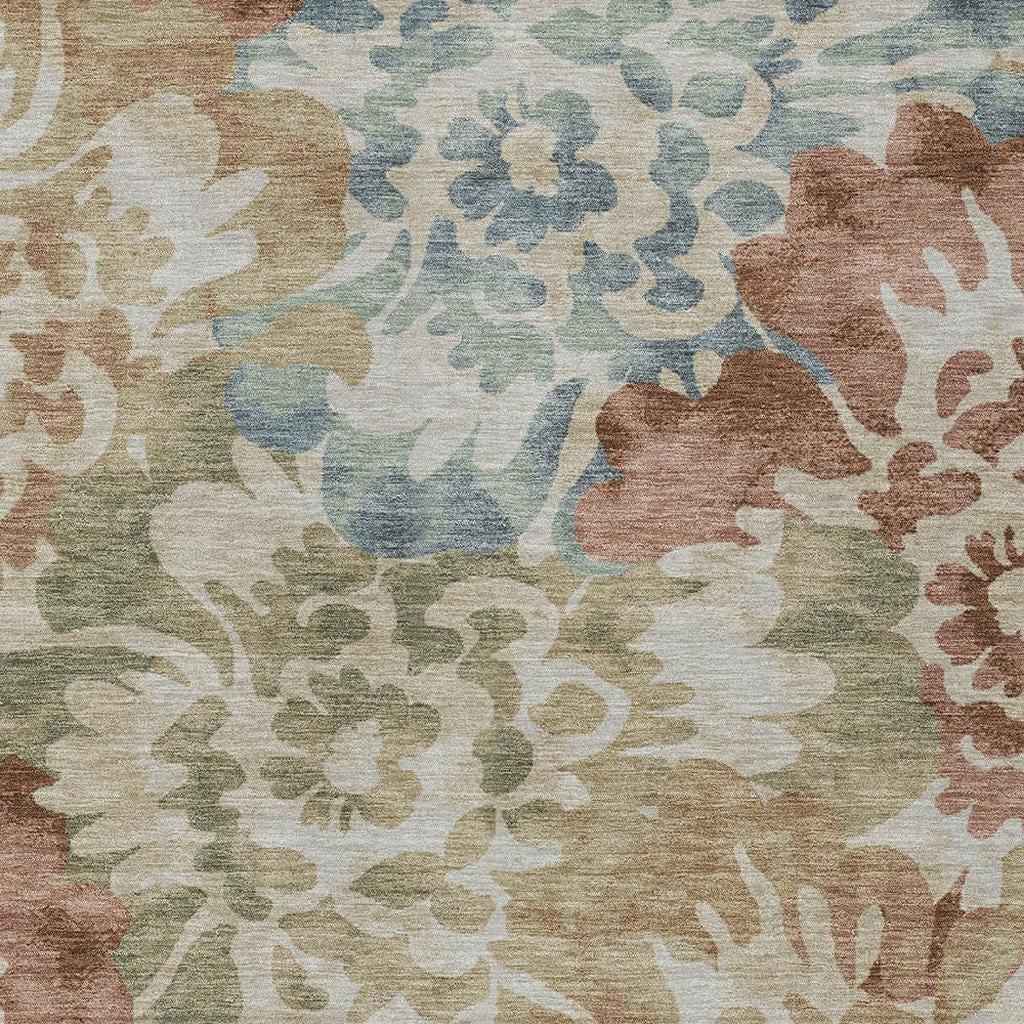 9' X 12' Rust And Beige Floral Washable Indoor Outdoor Area Rug