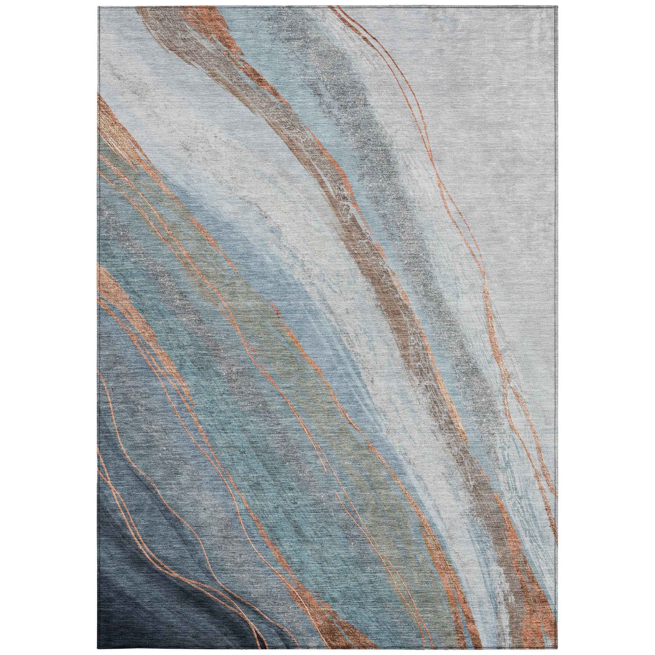 5' X 8' Blue And Copper Abstract Washable Indoor Outdoor Area Rug