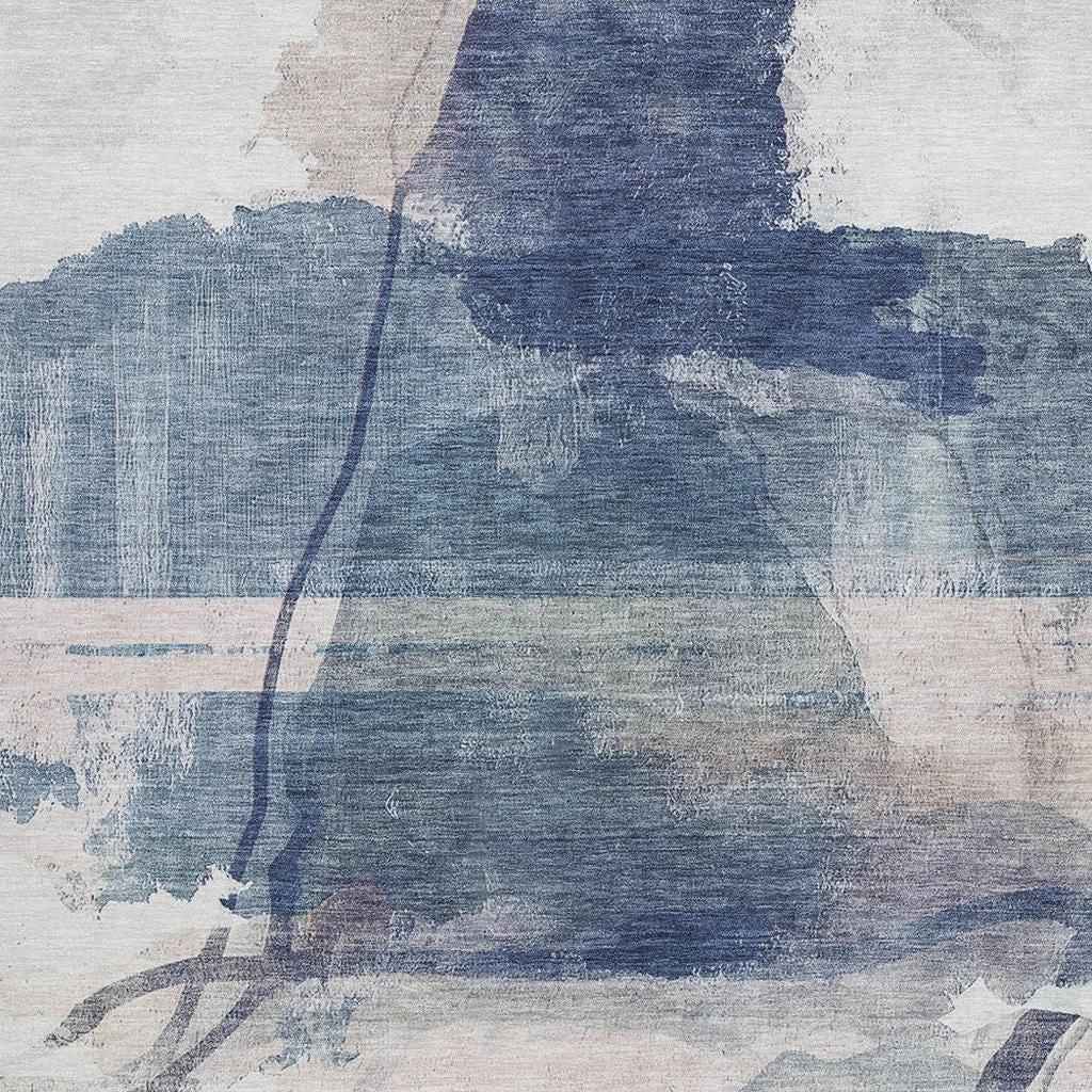 10' X 14' Blue And Ivory Abstract Washable Indoor Outdoor Area Rug