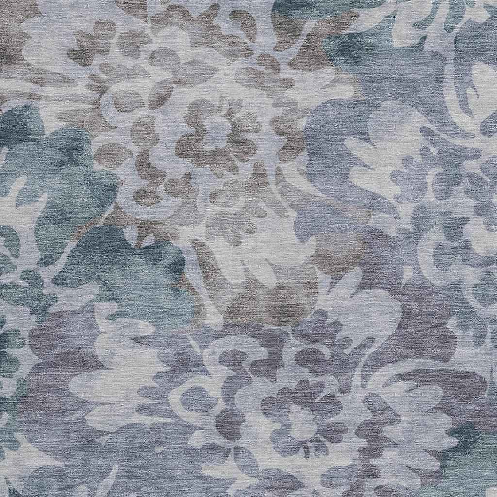 9' X 12' Blue And Silver Floral Washable Indoor Outdoor Area Rug