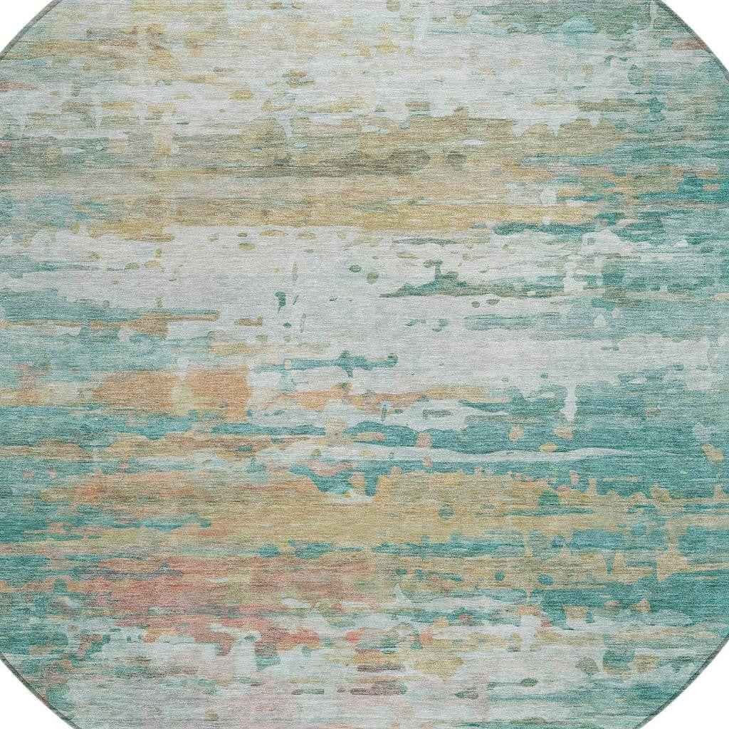 8' Teal Blue And Beige Round Abstract Washable Indoor Outdoor Area Rug