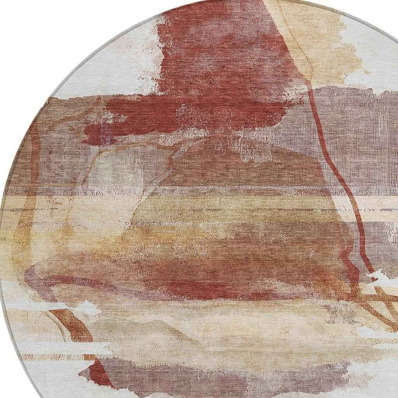 8' Terra Cotta And Ivory Round Abstract Washable Indoor Outdoor Area Rug