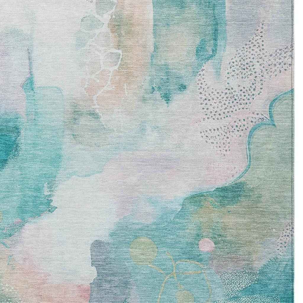 8' X 10' Turquoise Blush And Ivory Abstract Washable Indoor Outdoor Area Rug