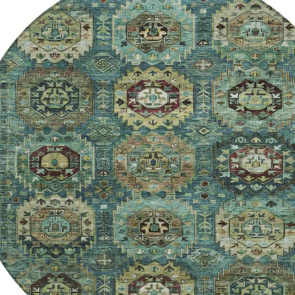 8' Teal Blue Brown And Taupe Round Medallion Washable Indoor Outdoor Area Rug