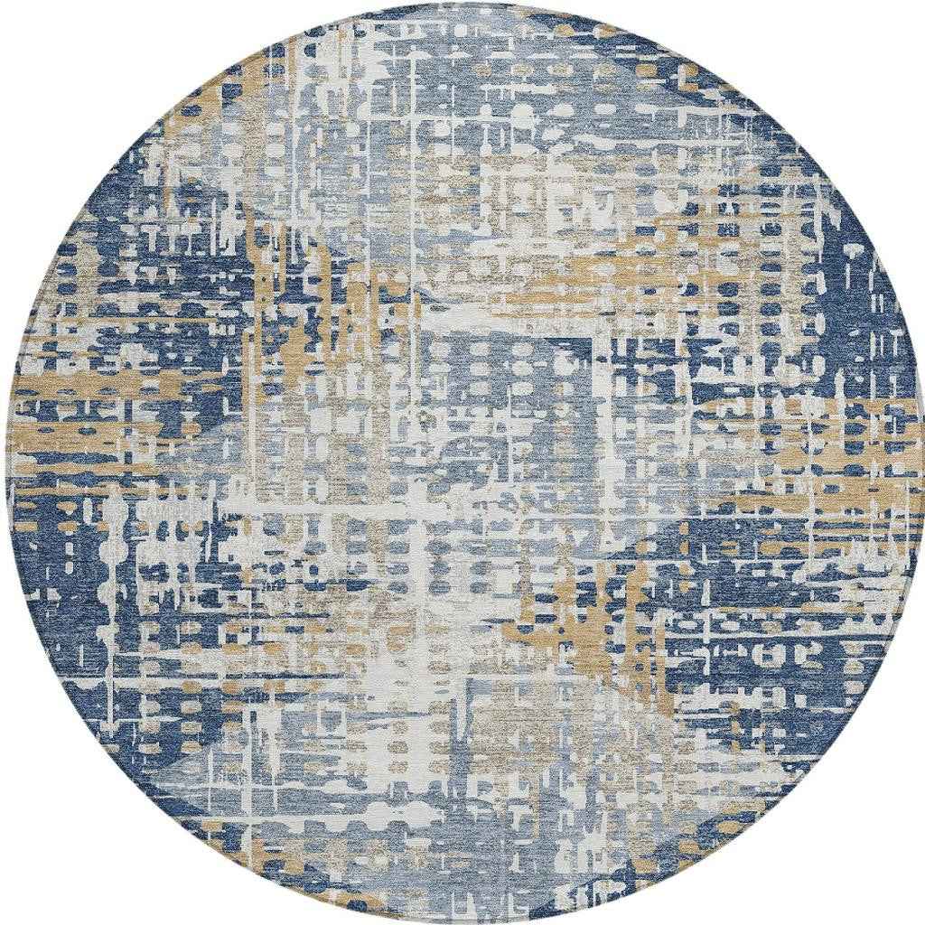 8' Navy Blue And Beige Round Geometric Washable Indoor Outdoor Area Rug