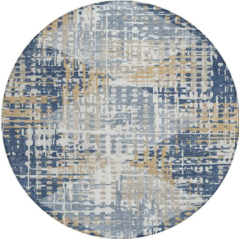 8' Navy Blue And Beige Round Geometric Washable Indoor Outdoor Area Rug