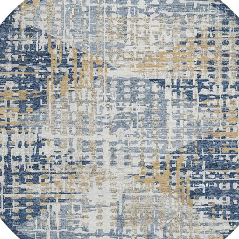 8' Navy Blue And Beige Round Geometric Washable Indoor Outdoor Area Rug