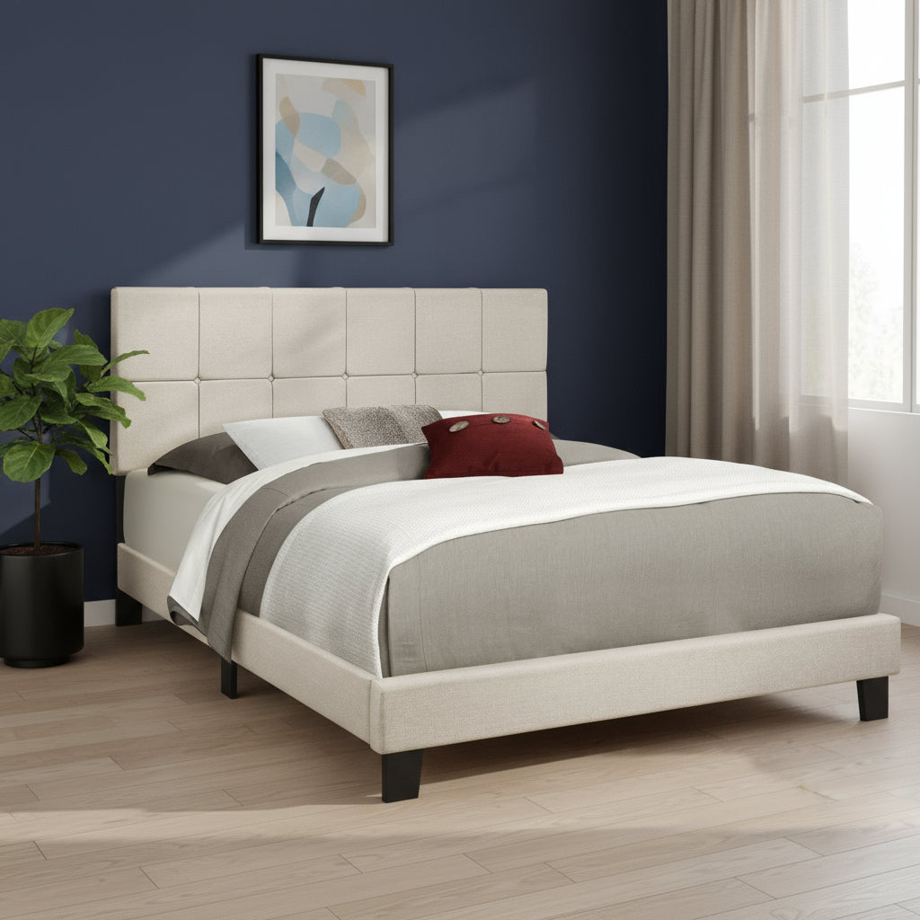 Beige Tufted Linen Queen Bed Frame - Bed & Bath