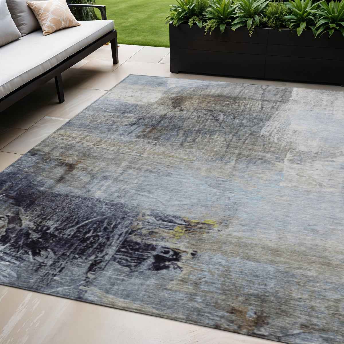 5' X 8' Sky Blue And Gray Abstract Washable Indoor Outdoor Area Rug