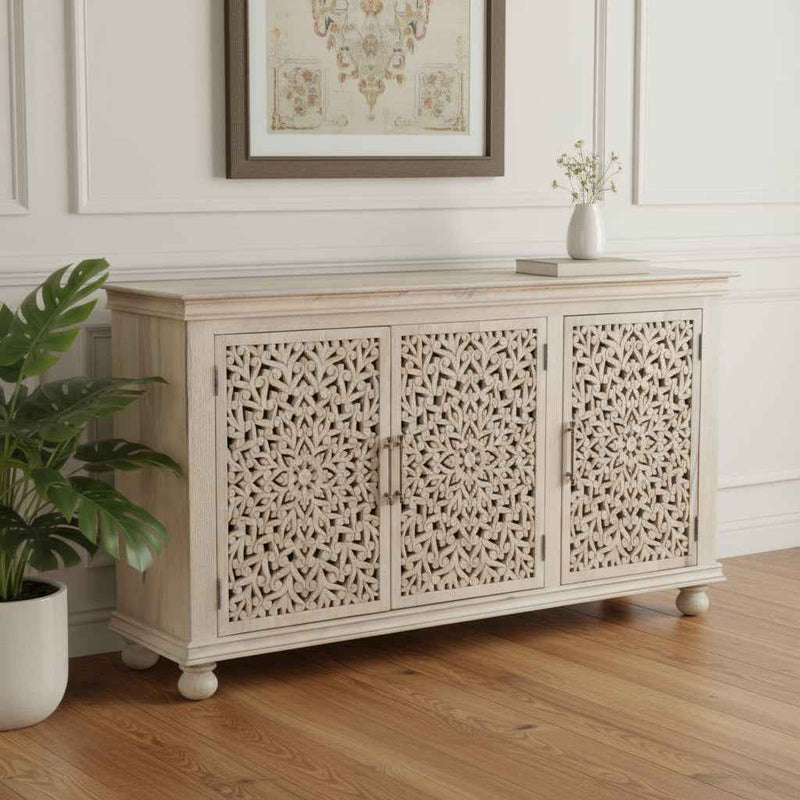 72" White Solid Wood Carved Floral Sideboard with Three Doors