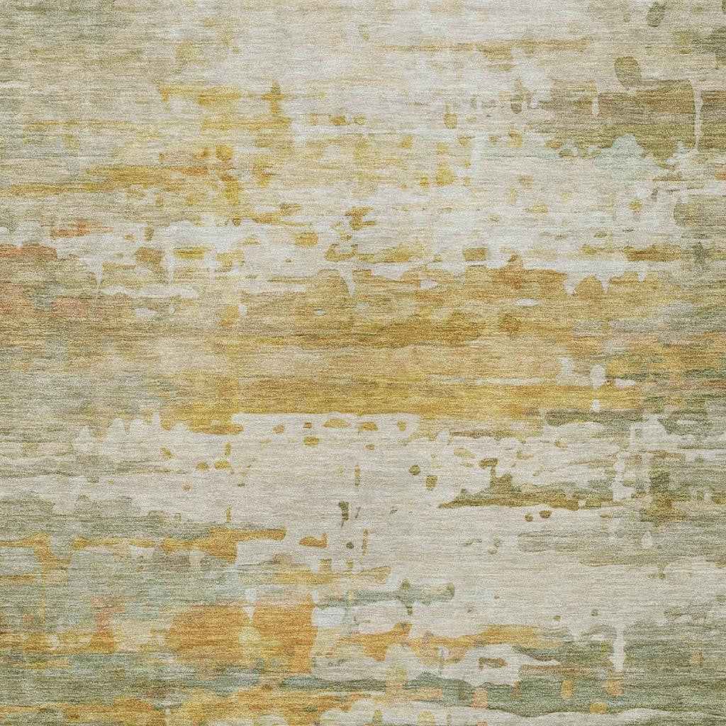 10' X 14' Artichoke Green And Gold Abstract Washable Indoor Outdoor Area Rug