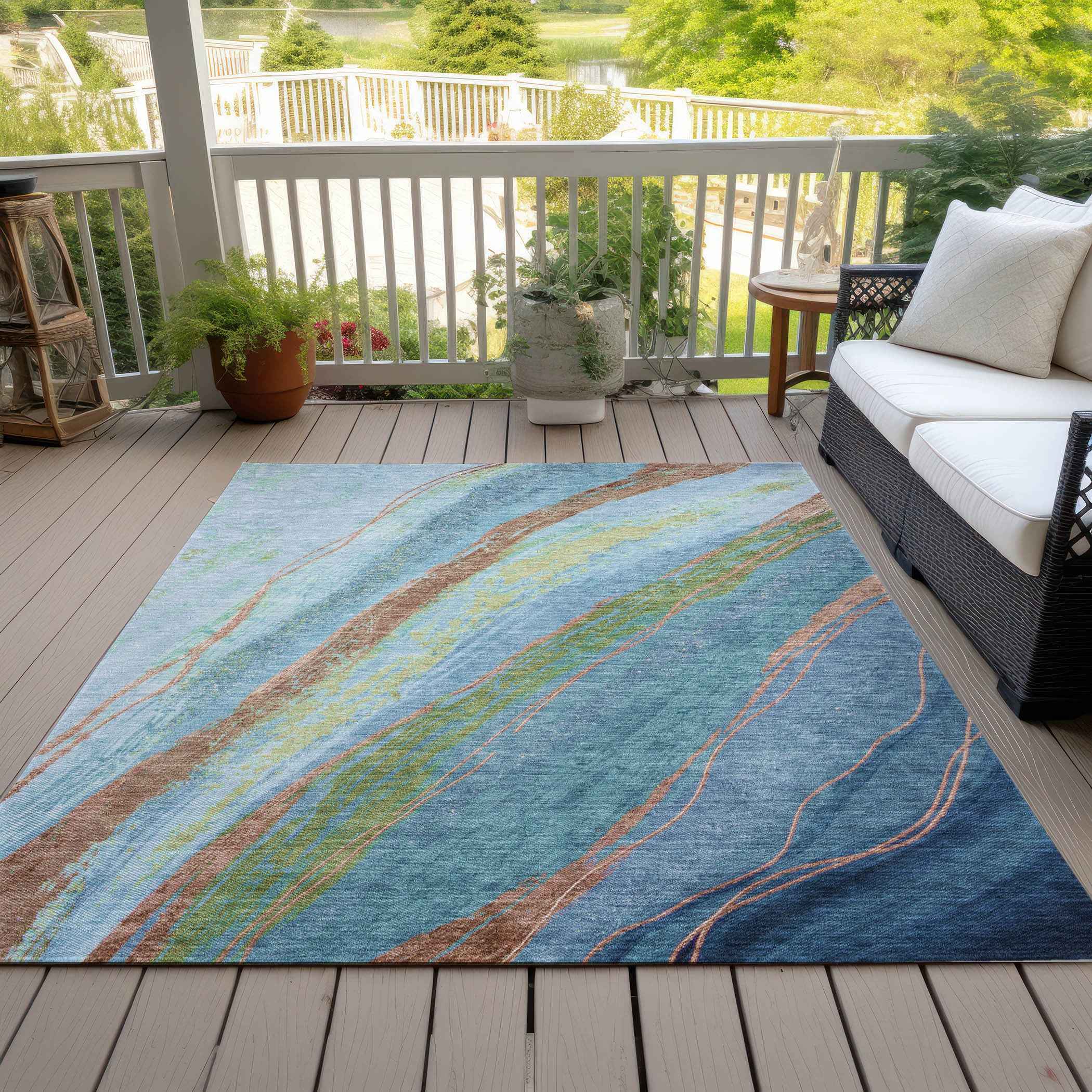3' X 5' Blue Copper And Green Abstract Washable Indoor Outdoor Area Rug