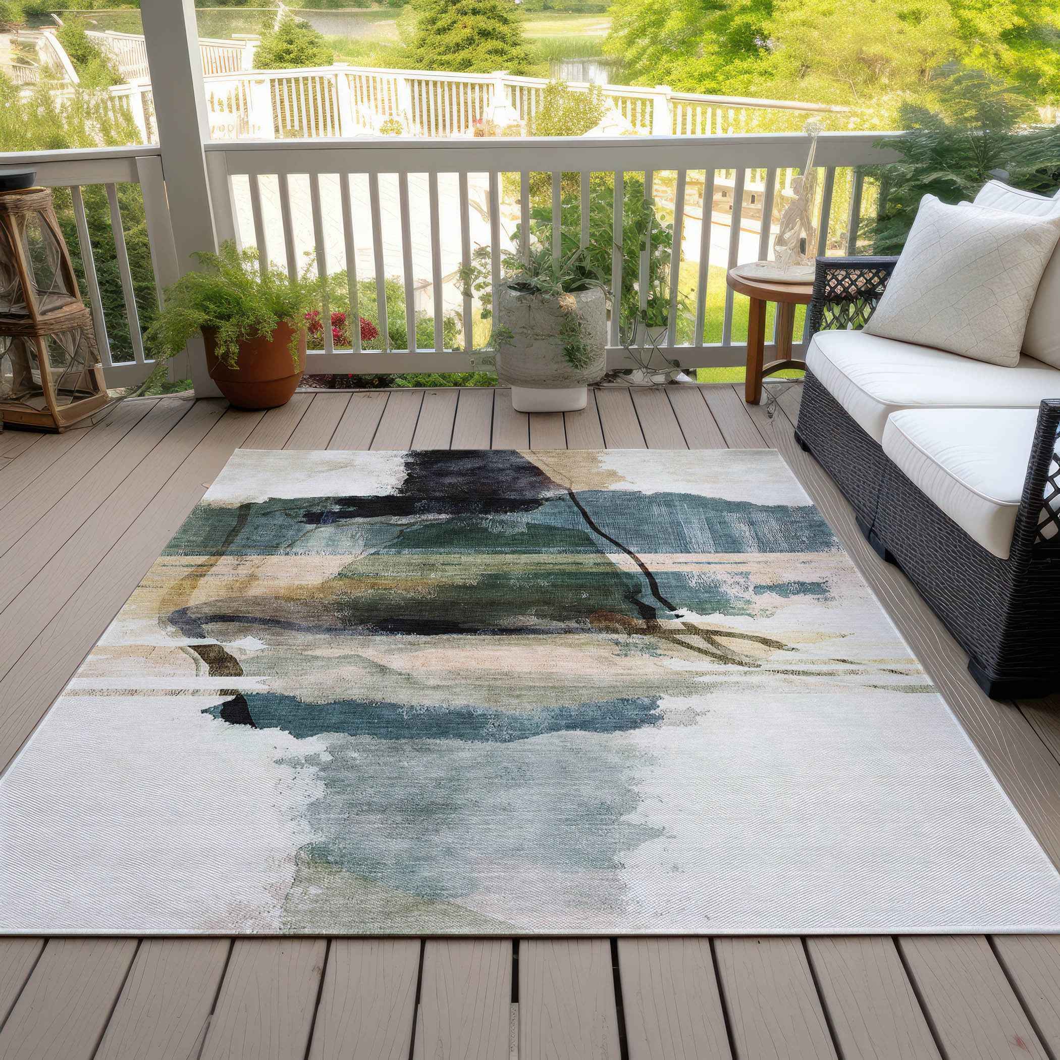5' X 8' Green And Ivory Abstract Washable Indoor Outdoor Area Rug