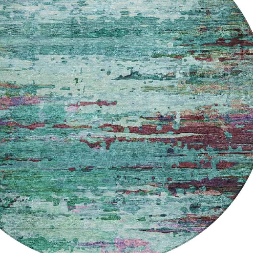 8' Teal Blue Pale Aqua And Plum Round Abstract Washable Indoor Outdoor Area Rug