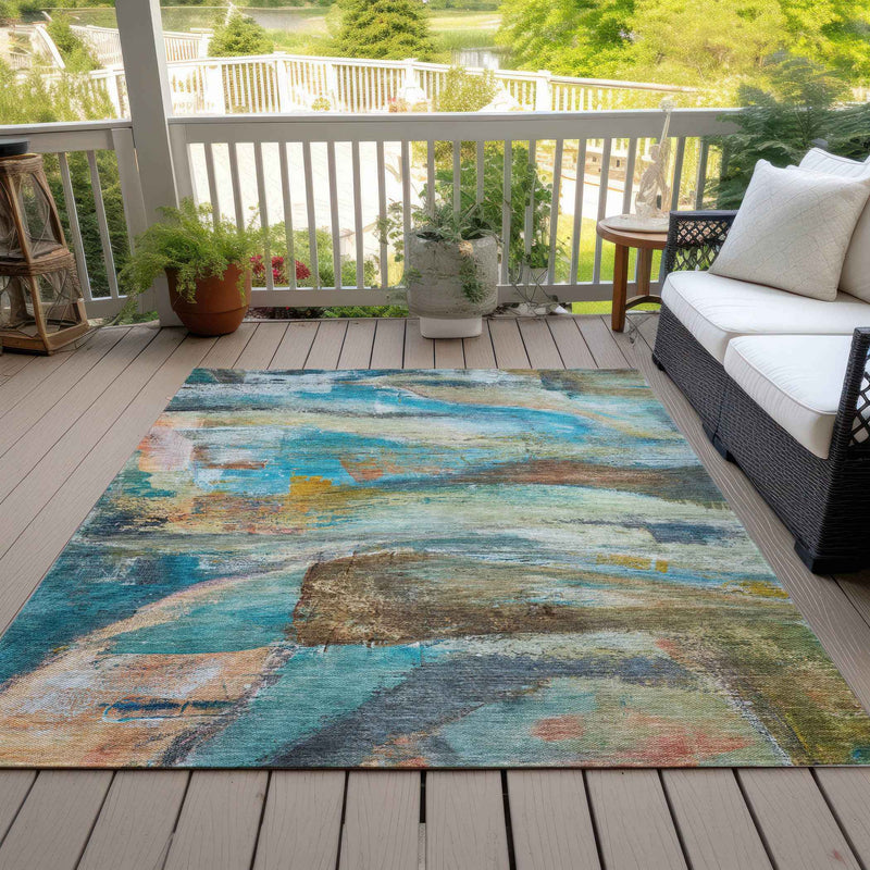 9' X 12' Teal Blue Copper And Beige Abstract Washable Indoor Outdoor Area Rug