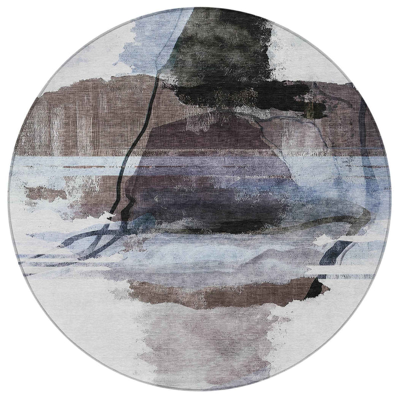 8' Brown And Ivory Round Abstract Washable Indoor Outdoor Area Rug