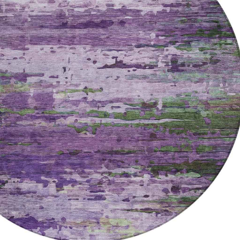 8' Purple Green And Charcoal Round Abstract Washable Indoor Outdoor Area Rug