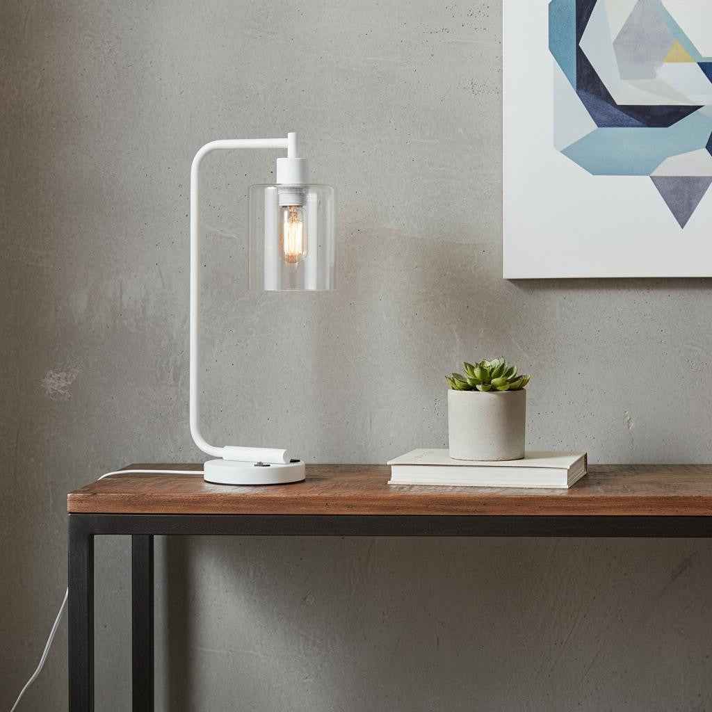 19" White Iron Lantern USB Table Lamp With Clear Cylinder Shade