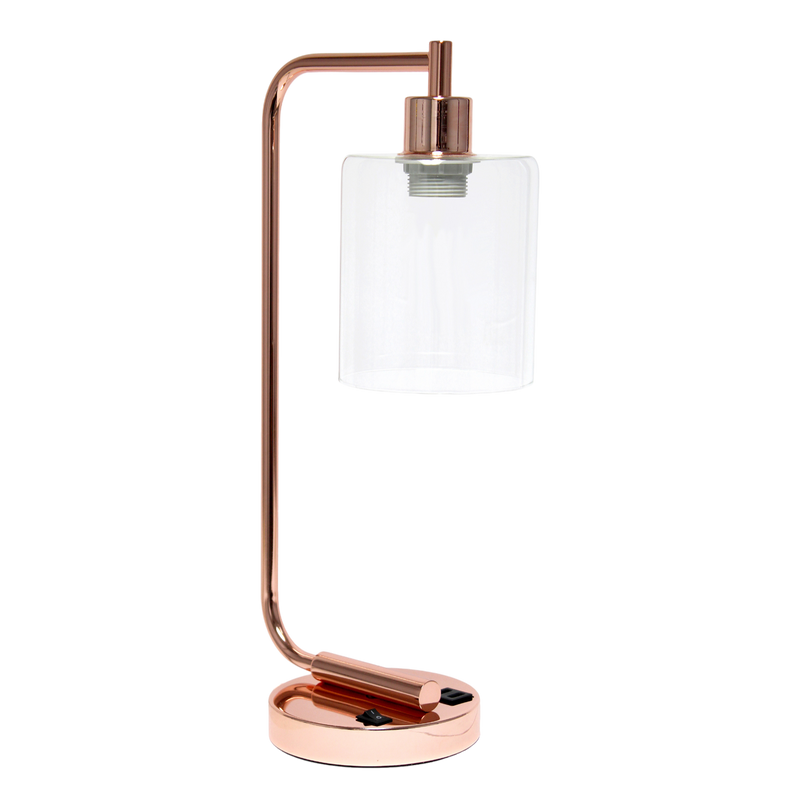 19" Rose Gold Iron Lantern USB Table Lamp LED With Clear Cylinder Shade
