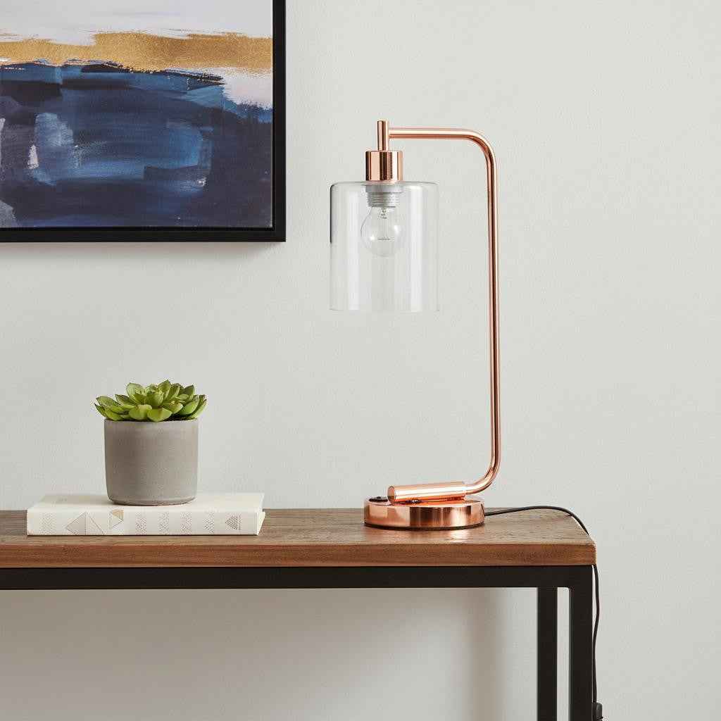 19" Rose Gold Iron Lantern USB Table Lamp LED With Clear Cylinder Shade