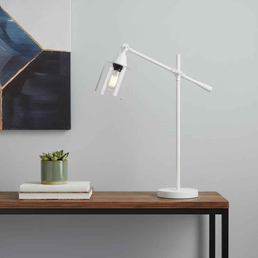 28" White Metal Table Lamp With Clear Cylinder Shade