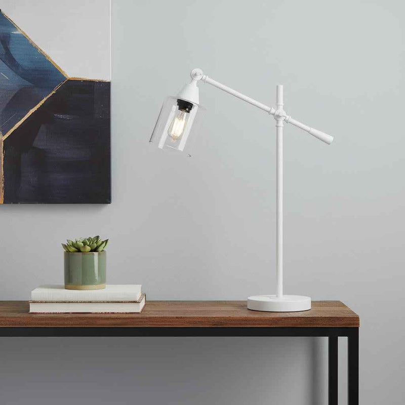 28" White Metal Table Lamp With Clear Cylinder Shade