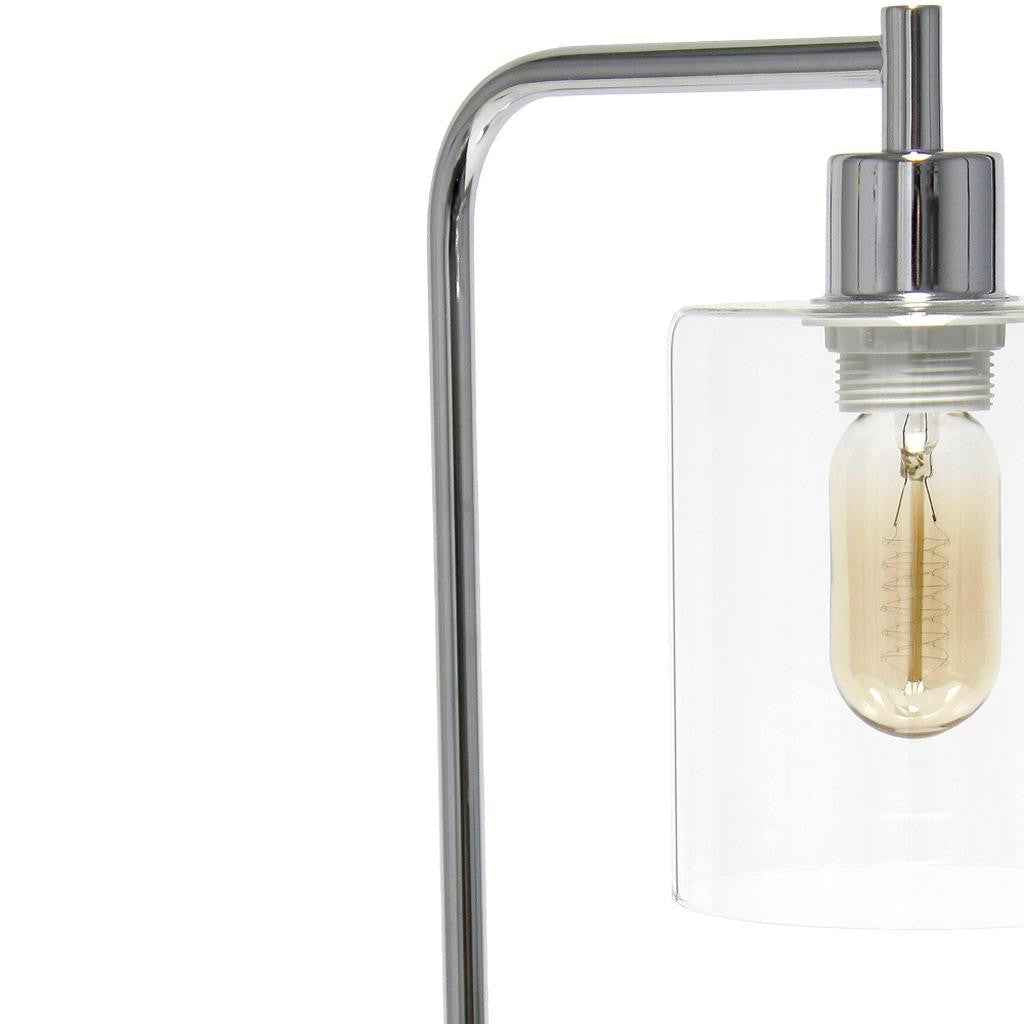 19" Silver Iron Lantern USB Table Lamp With Clear Cylinder Shade