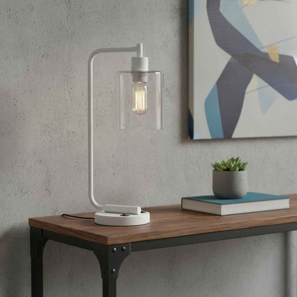 19" White Iron Lantern USB Table Lamp With Clear Cylinder Shade