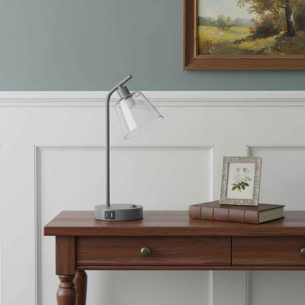 16" Gray Metal USB Table Lamp With Clear Globe Shade