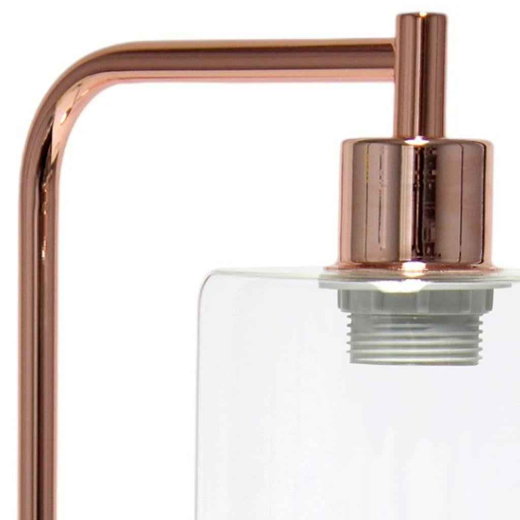 19" Rose Gold Iron Lantern USB Table Lamp LED With Clear Cylinder Shade