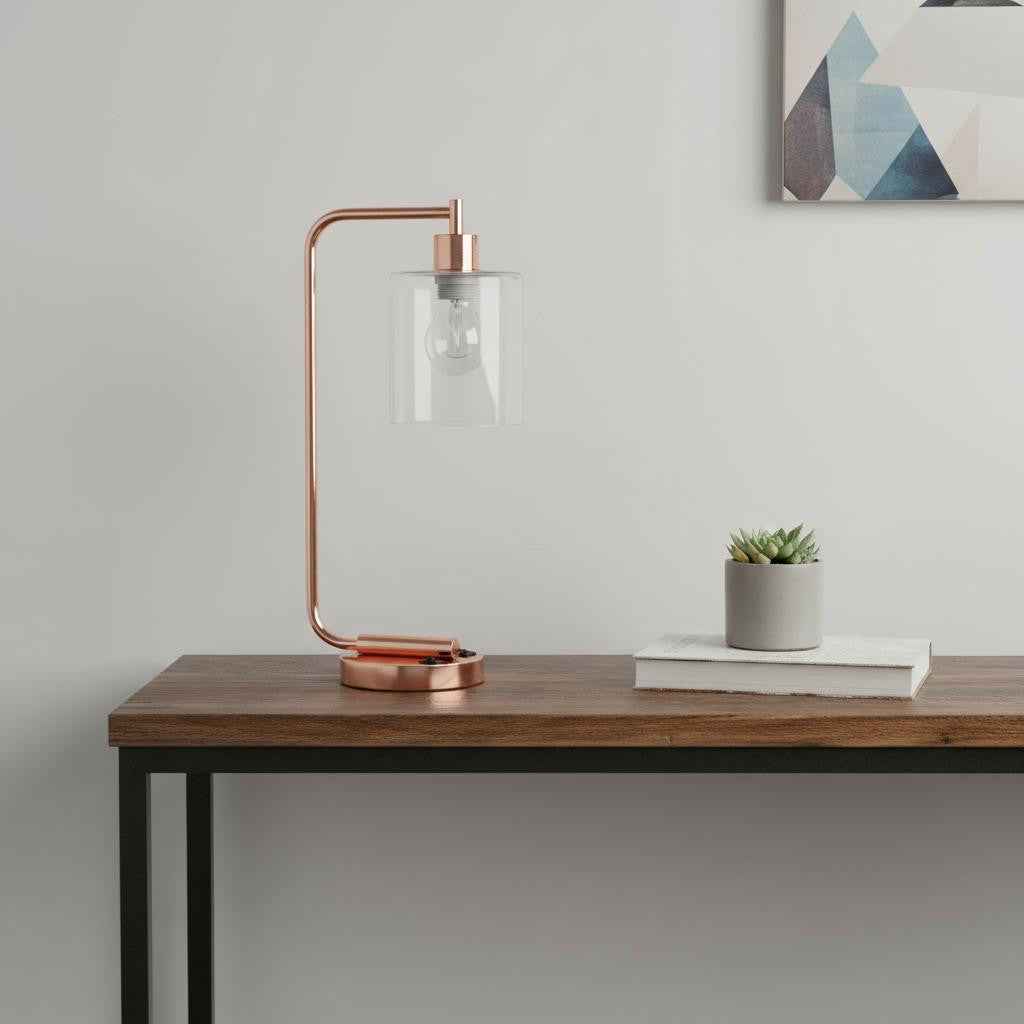 19" Rose Gold Iron Lantern USB Table Lamp LED With Clear Cylinder Shade