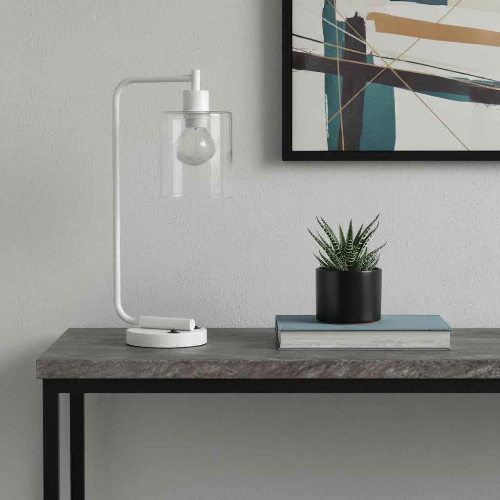 19" White Iron Lantern USB Table Lamp LED With Clear Cylinder Shade