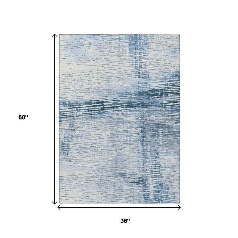 3' X 5' Sky Blue And Ivory Striped Washable Indoor Outdoor Area Rug