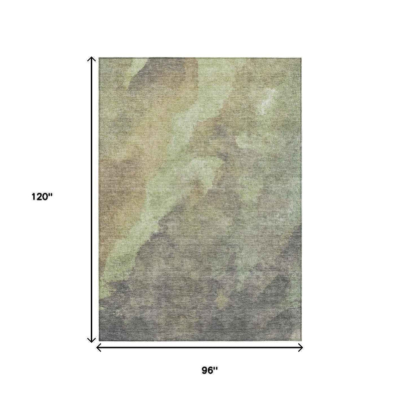 8' X 10' Artichoke Green And Taupe Abstract Washable Indoor Outdoor Area Rug