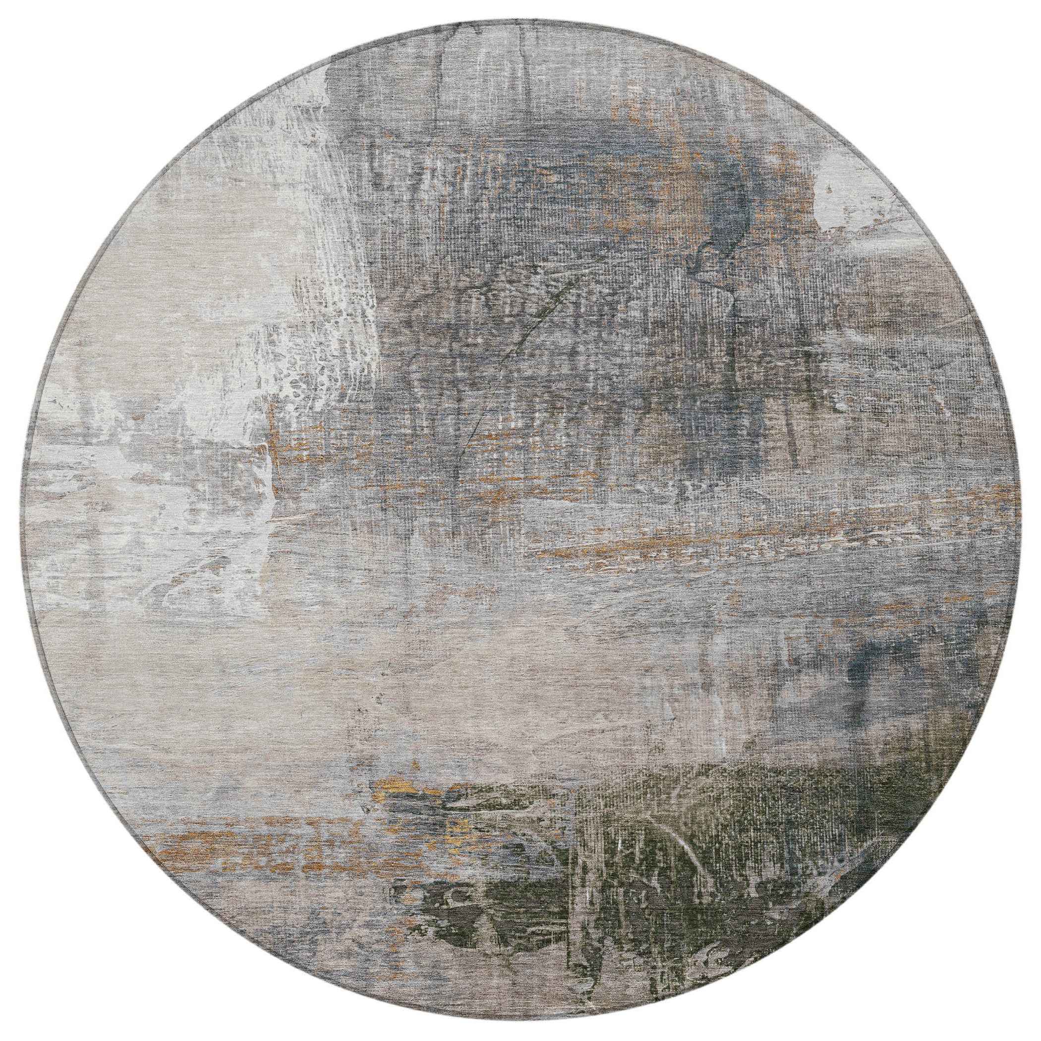 8' Beige And Gray Round Abstract Washable Indoor Outdoor Area Rug