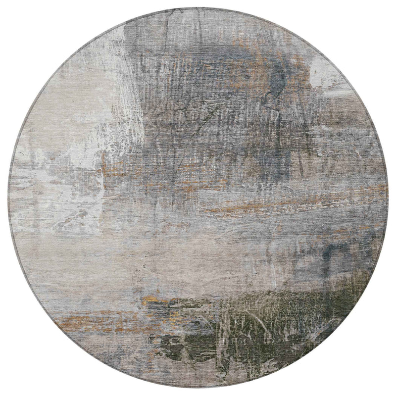 8' Beige And Gray Round Abstract Washable Indoor Outdoor Area Rug