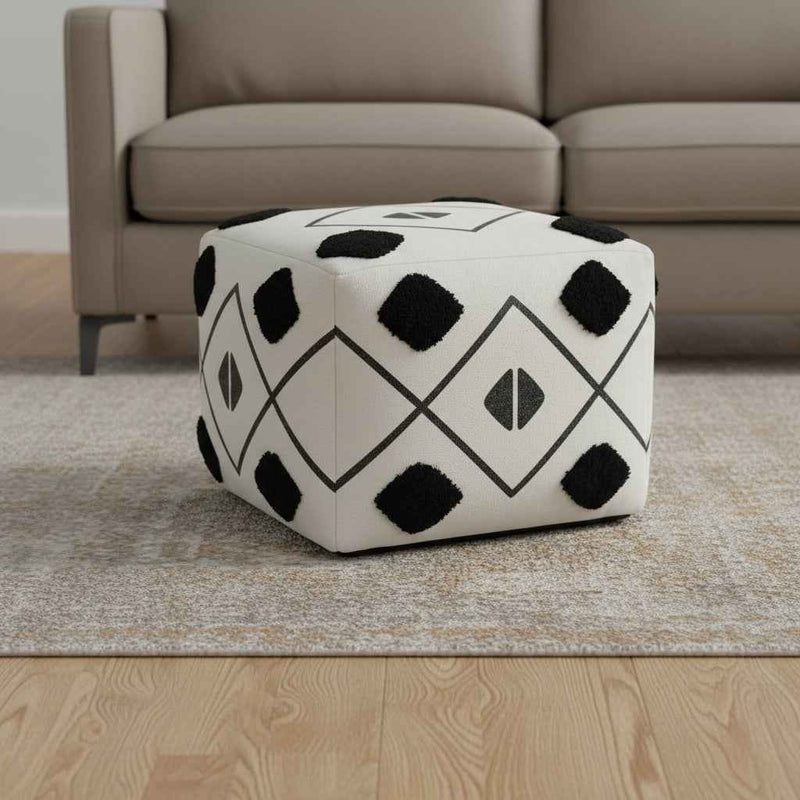 18" White Cotton Geometric Pouf Ottoman