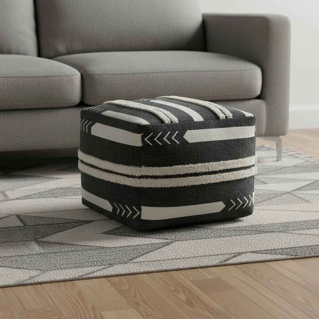 18" Black Cotton Geometric Pouf Ottoman