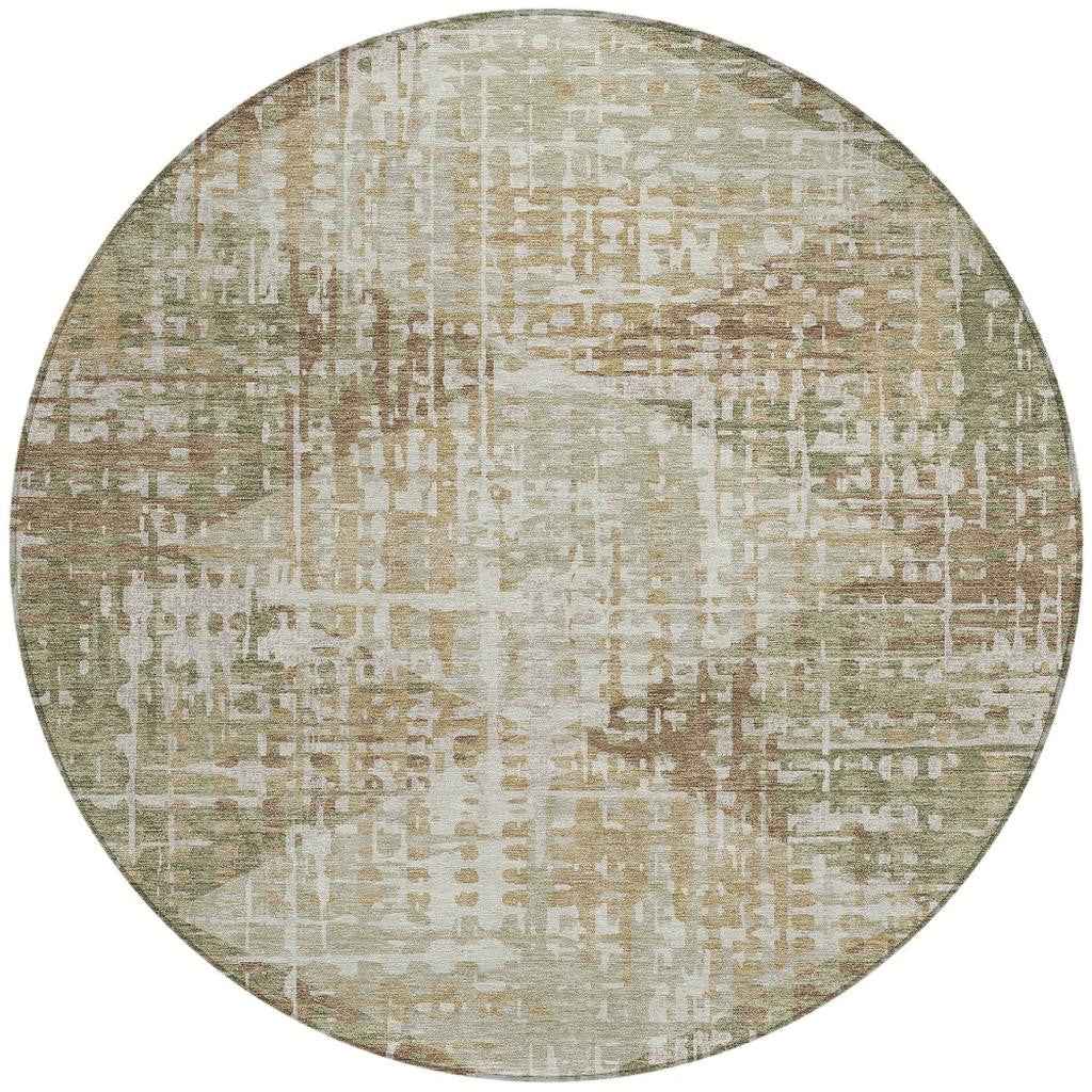 8' Fern Green And Beige Round Geometric Washable Indoor Outdoor Area Rug