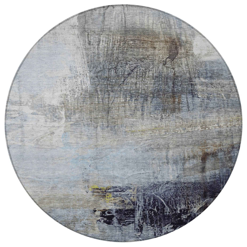 8' Sky Blue And Gray Round Abstract Washable Indoor Outdoor Area Rug