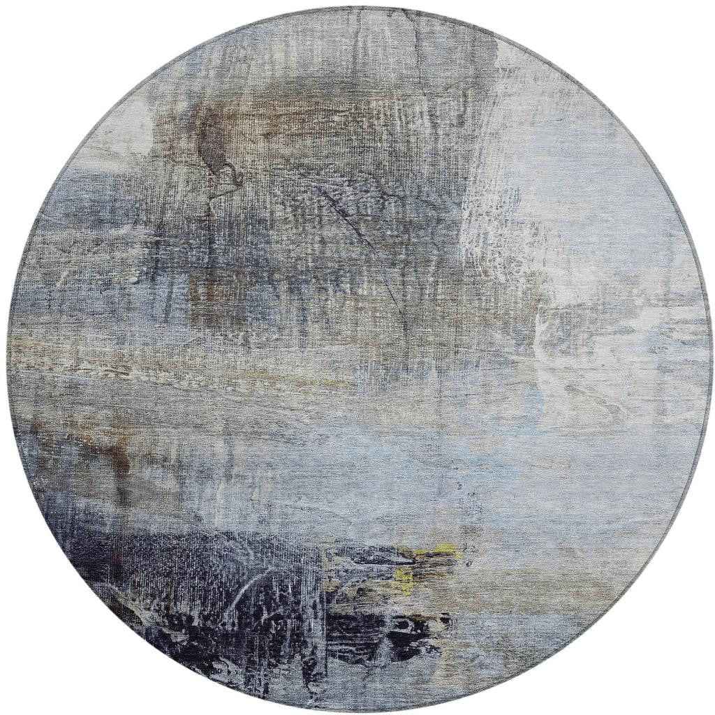8' Sky Blue And Gray Round Abstract Washable Indoor Outdoor Area Rug