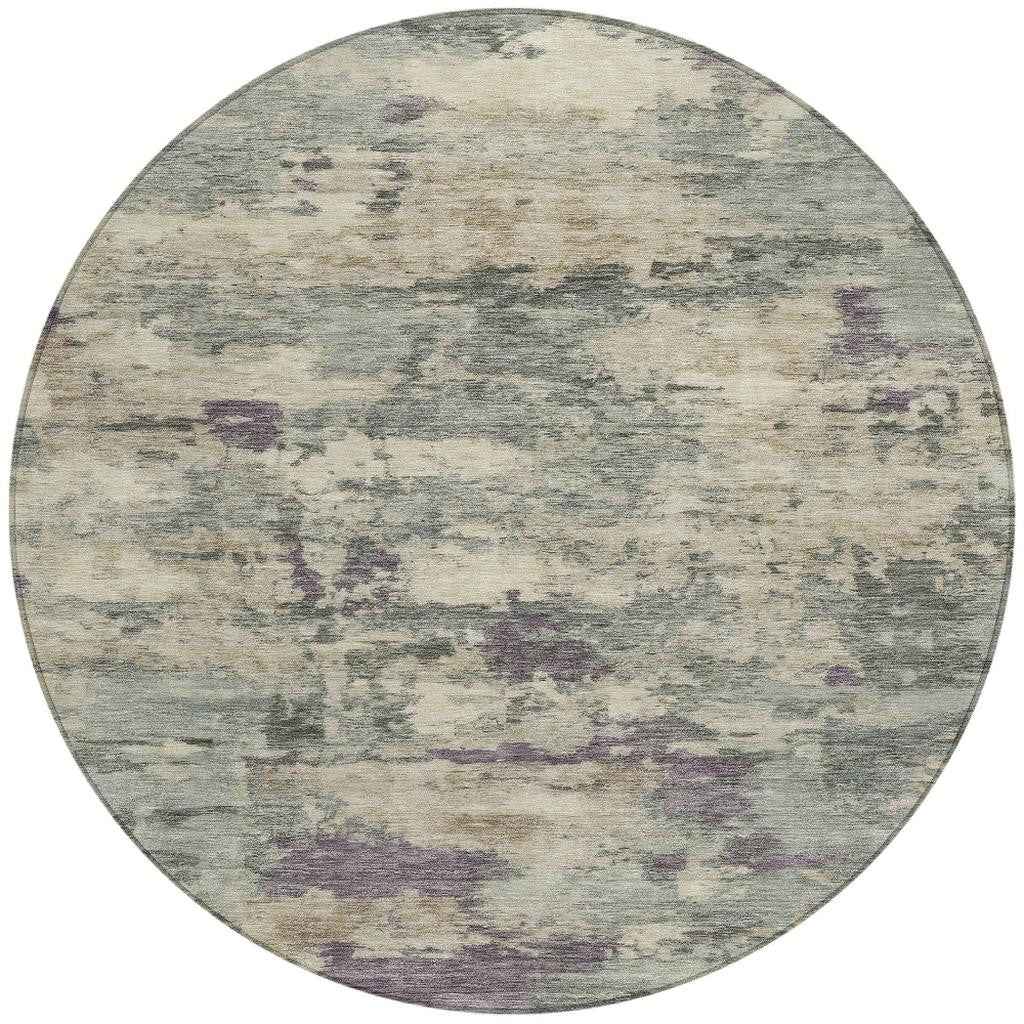 8' Sage Gray And Plum Round Abstract Washable Indoor Outdoor Area Rug