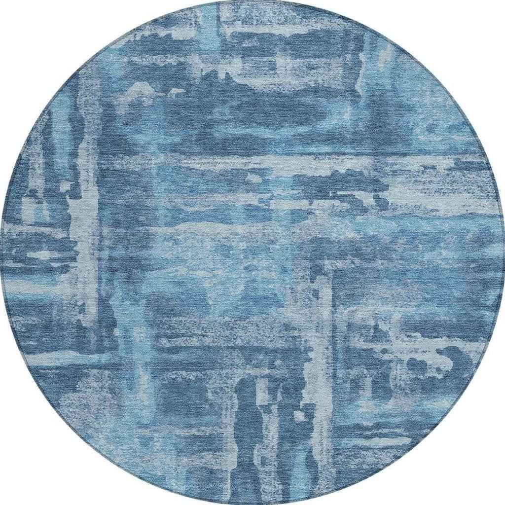 8' Denim Blue And Sky Blue Round Abstract Washable Indoor Outdoor Area Rug