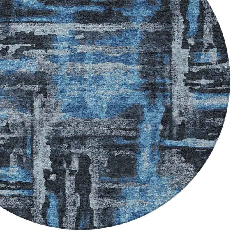 8' Black And Blue Round Abstract Washable Indoor Outdoor Area Rug