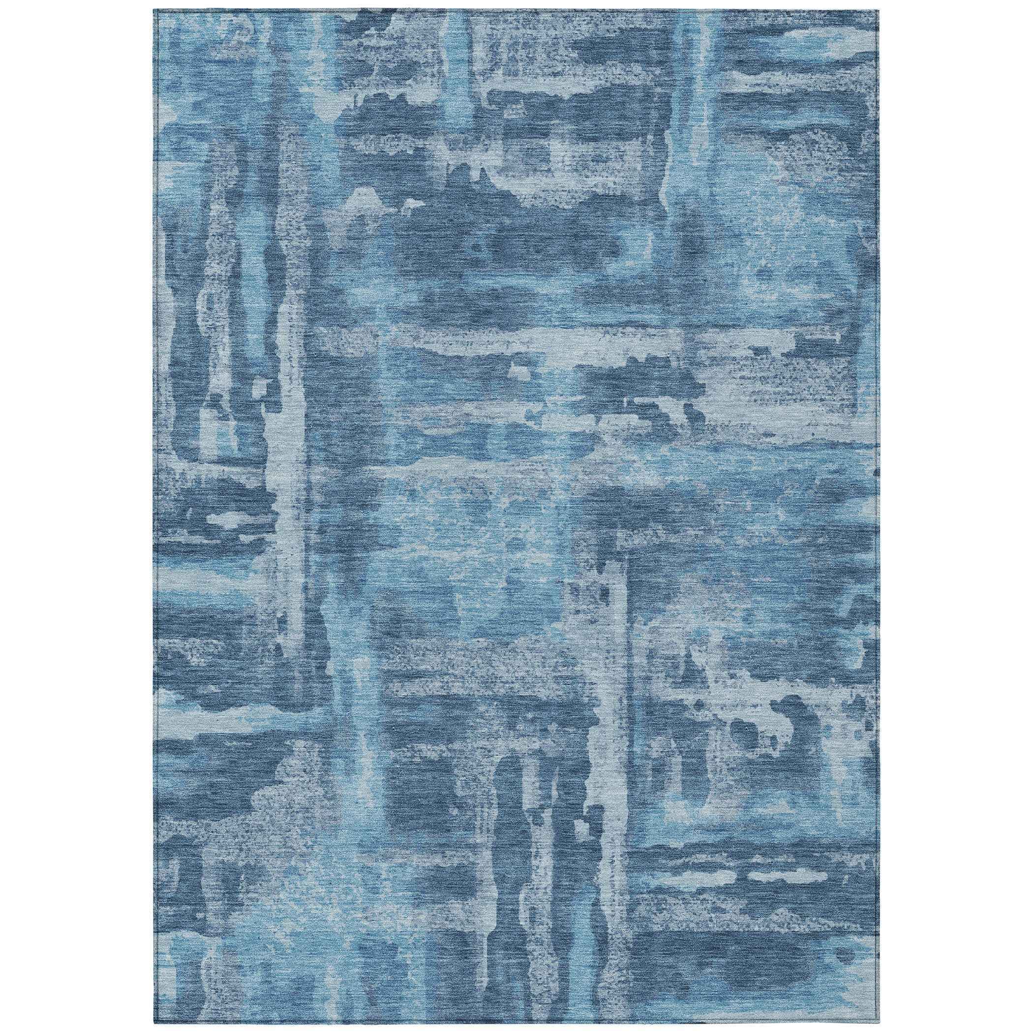 8' X 10' Denim Blue And Sky Blue Abstract Washable Indoor Outdoor Area Rug