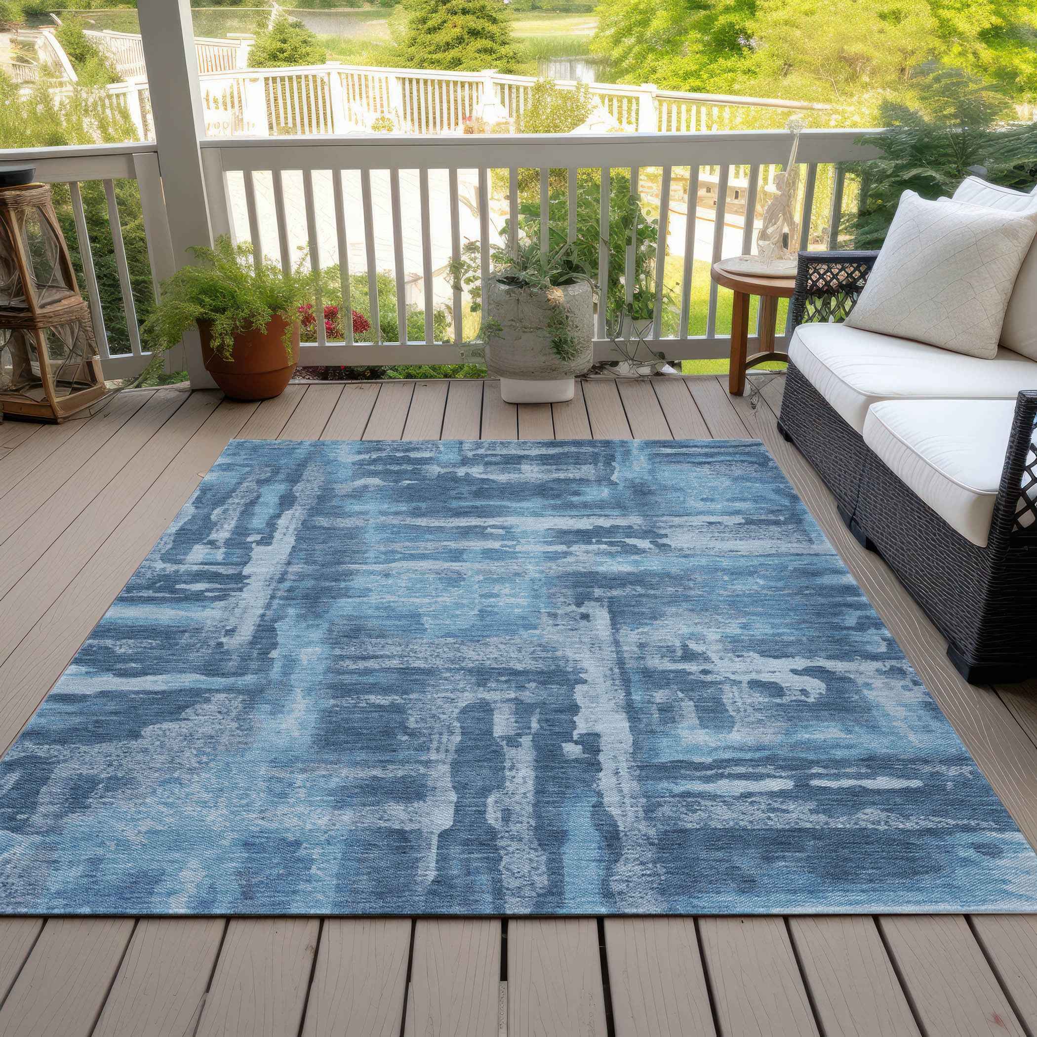 8' X 10' Denim Blue And Sky Blue Abstract Washable Indoor Outdoor Area Rug
