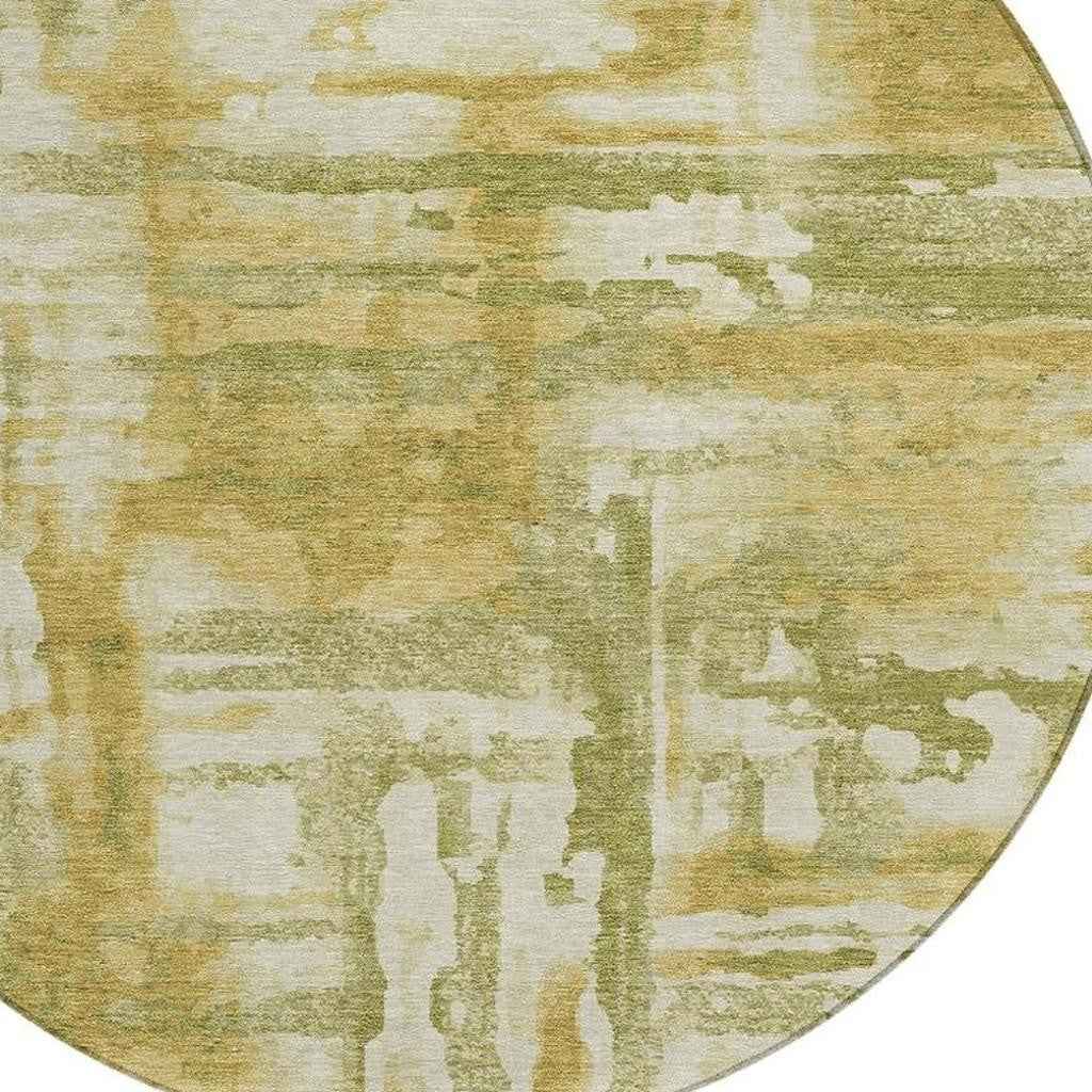 8' Artichoke Green And Gold Round Abstract Washable Indoor Outdoor Area Rug